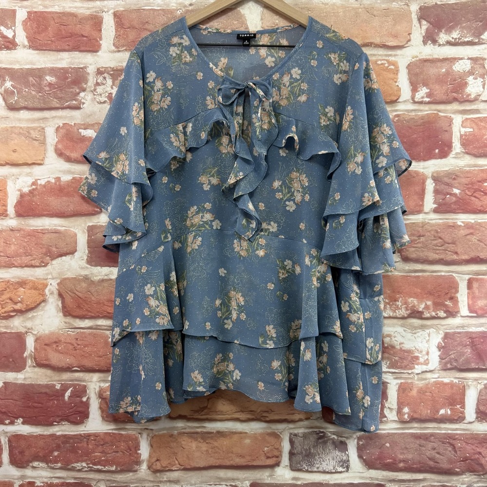 Torrid Top Women's 4X Blue Multicolor Chic Garden Floral Ruffle Casual Shirt